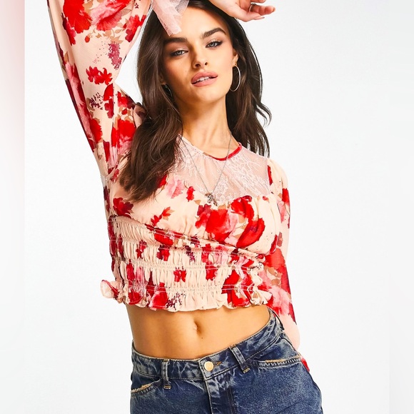 FREE PEOPLE Romantic Combo DAPHNE Floral/Lace Smocked Blouse Top NWT